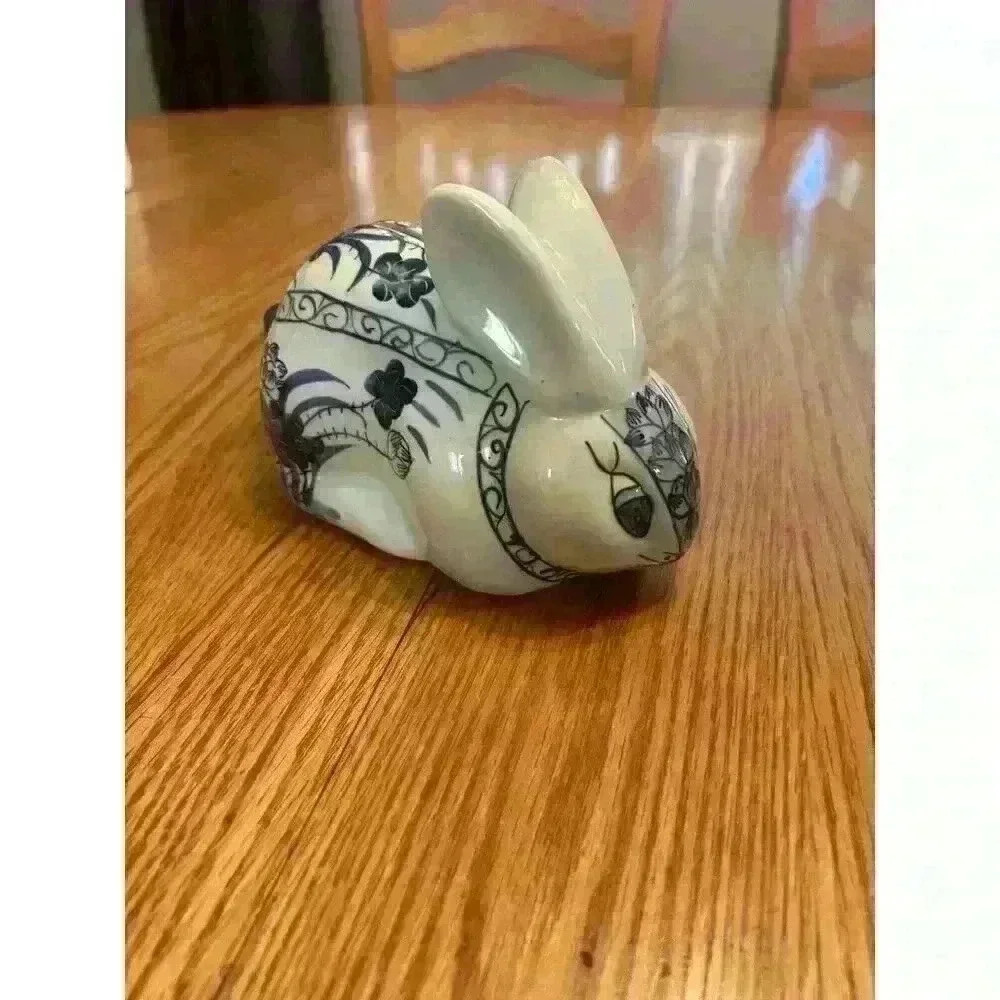 Porcelain Rabbit Bunny Blue White Coin Bank Andrea by Sadek Vintage Collectible